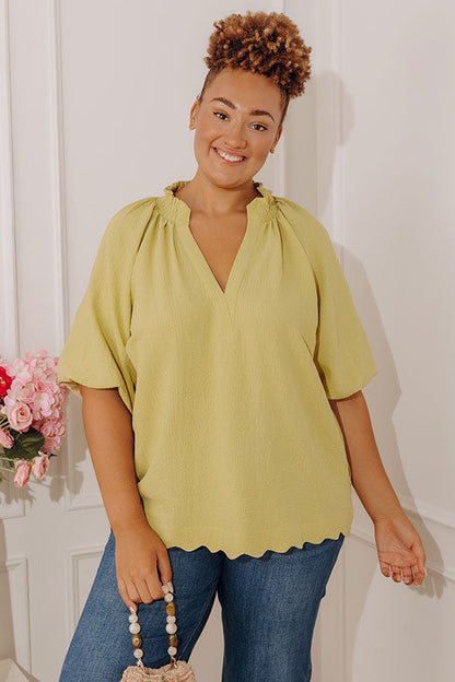 Casual Flow Scalloped Top in Lime Punch Curves