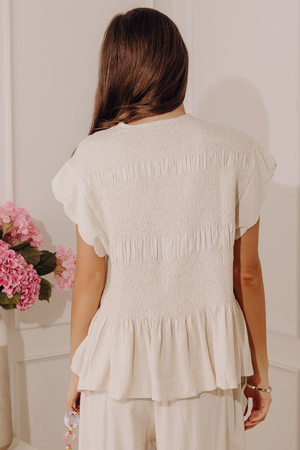Seaside Bistro Linen-Blend Smocked Top in Oatmeal