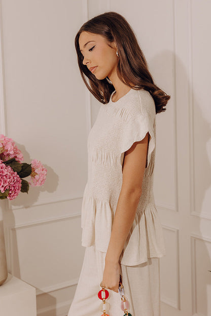 Seaside Bistro Linen-Blend Smocked Top in Oatmeal