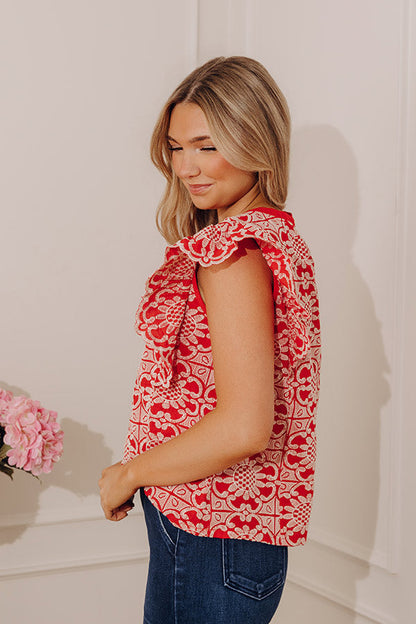 Positano Muse Floral Embroidered Top in Red