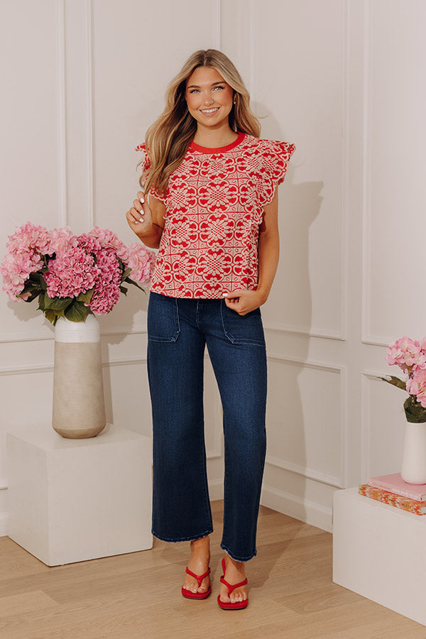 Positano Muse Floral Embroidered Top in Red