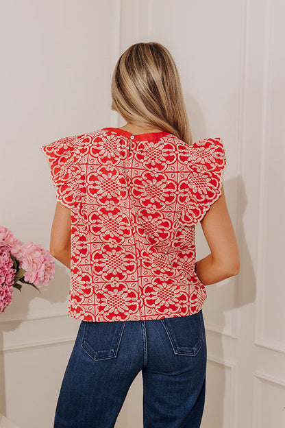 Positano Muse Floral Embroidered Top in Red