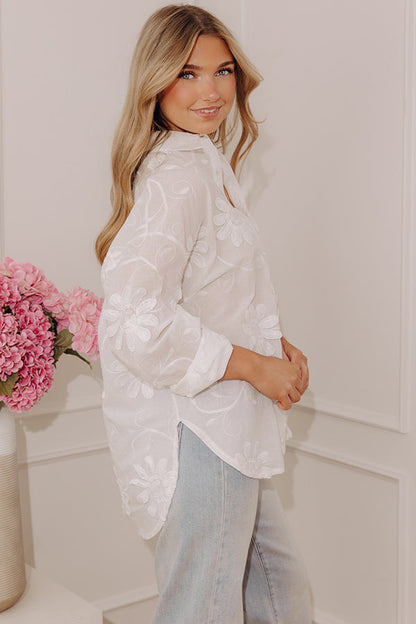 Casual By The Sea Floral Embroidered Button Up Top