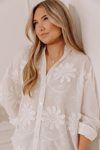 Casual By The Sea Floral Embroidered Button Up Top
