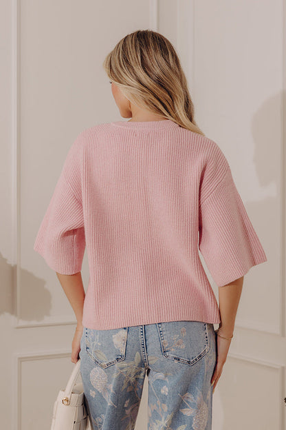 Softly Gathered Knit Sweater Top in Pink