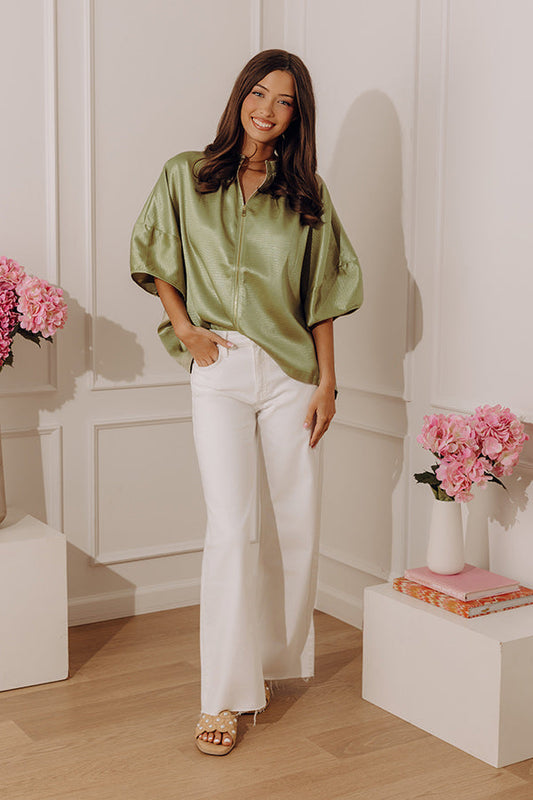 Timeless Allure Oversized Zip Up Top in Sage