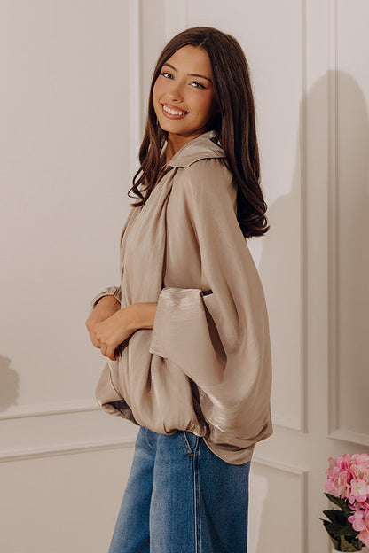 City Lights Organza Zip Up Top in Taupe