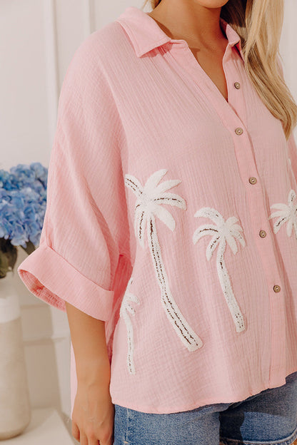Palm Paradise Embroidered Oversized Gauze Button Up Top