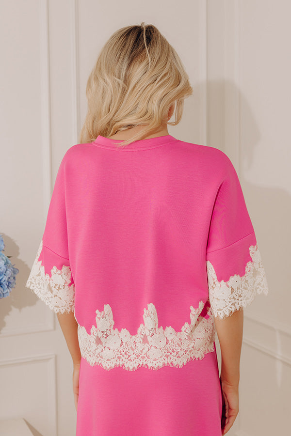 Evening Ease Lace Trim Scuba Top in Bubblegum Pink