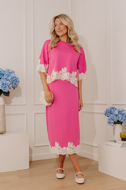 Evening Ease Lace Trim Scuba Top in Bubblegum Pink