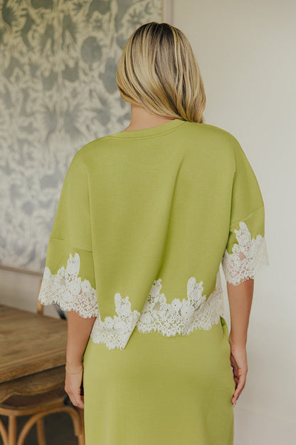 Evening Ease Lace Trim Scuba Top in Lime Punch