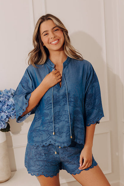 Manhattan Muse Embroidered Chambray Top