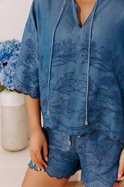 Manhattan Muse Embroidered Chambray Top