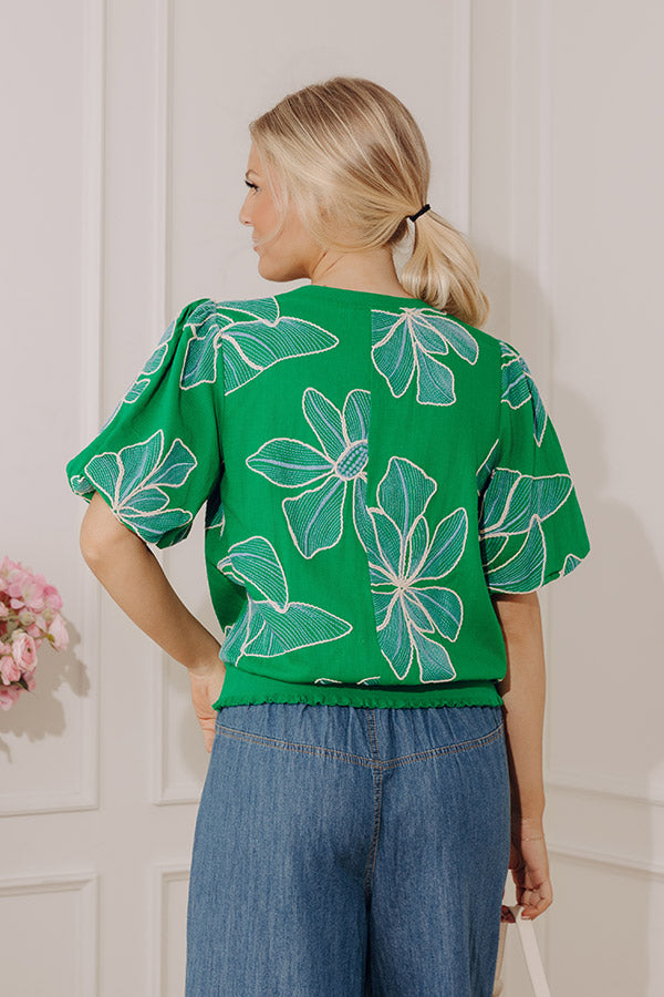 Mediterranean Mood Floral Embroidered Top in Kelly Green