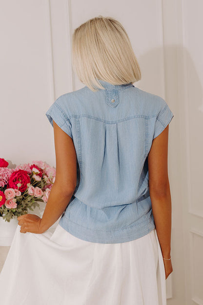 Casual Hangout Chambray Button Up Top in Light Wash