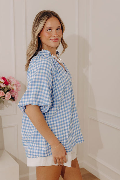 Charming Style Gingham Top in Light Blue