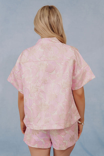 Hibiscus Holiday Floral Jacquard Button Up Top