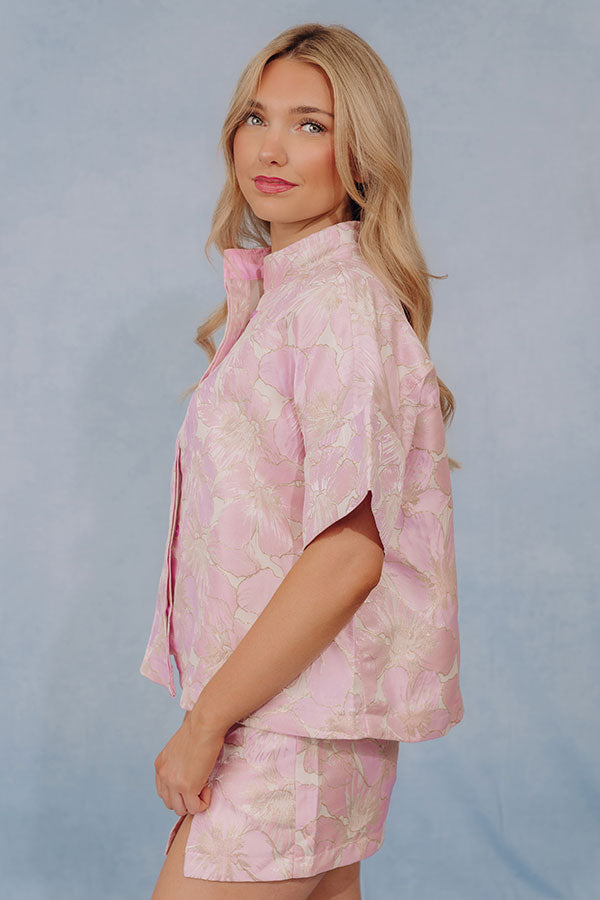 Hibiscus Holiday Floral Jacquard Button Up Top