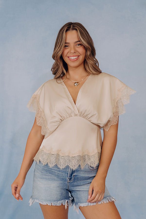 Sleek And Chic Lace Trim Satin Top in Champagne