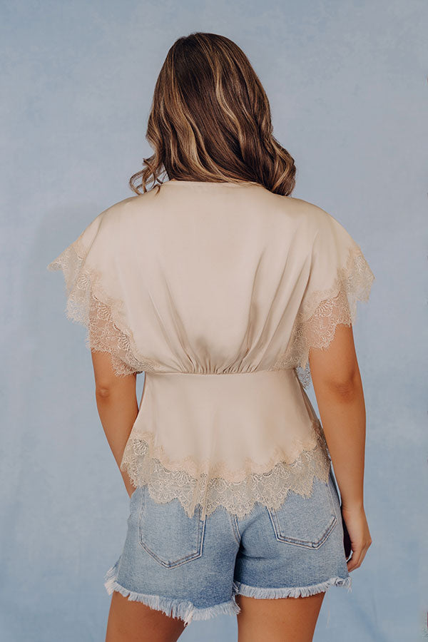 Sleek And Chic Lace Trim Satin Top in Champagne