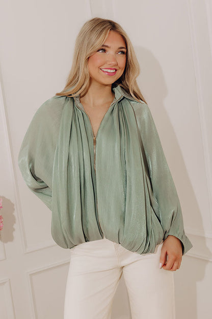 City Lights Organza Zip Up Top in Sage