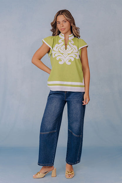 European Cruise Linen-Blend Embroidered Top