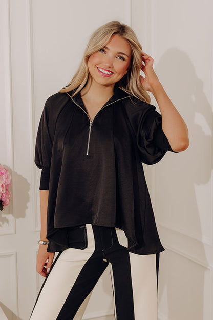 City Staple Satin Quarter Zip Top in Black