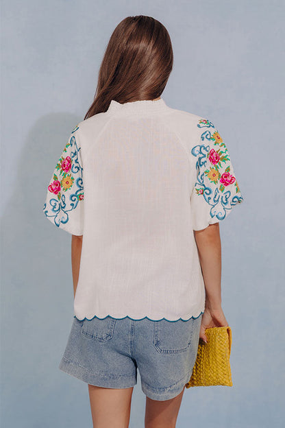 Bloom and Vine Embroidered Linen-Blend Top