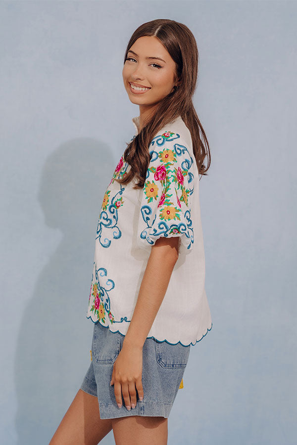 Bloom and Vine Embroidered Linen-Blend Top