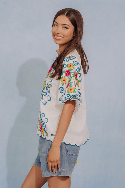 Bloom and Vine Embroidered Linen-Blend Top