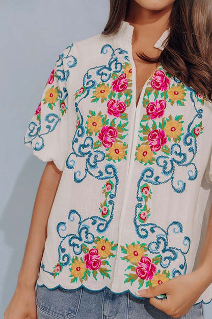 Bloom and Vine Embroidered Linen-Blend Top