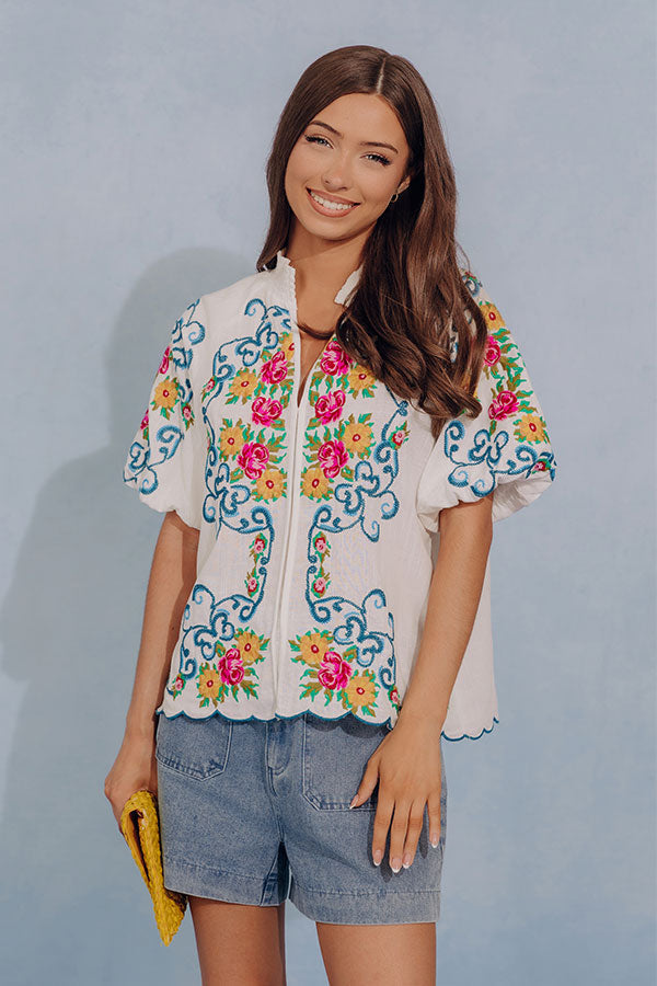 Bloom and Vine Embroidered Linen-Blend Top
