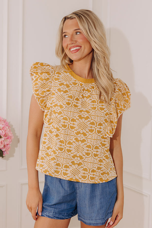 Positano Muse Floral Embroidered Top in Mustard