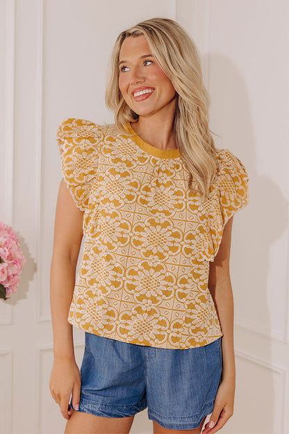 Positano Muse Floral Embroidered Top in Mustard