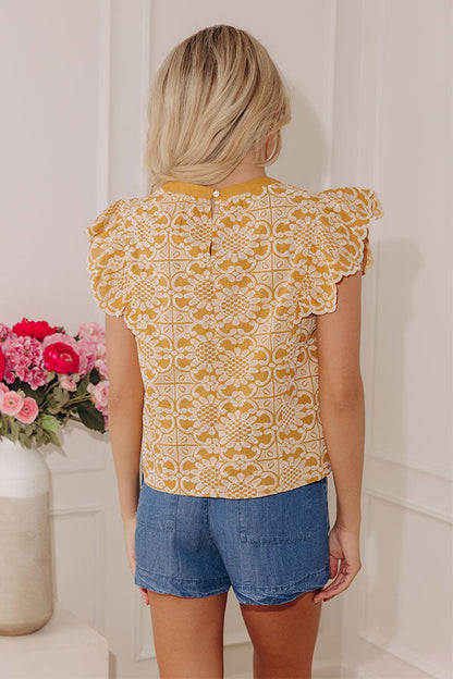 Positano Muse Floral Embroidered Top in Mustard