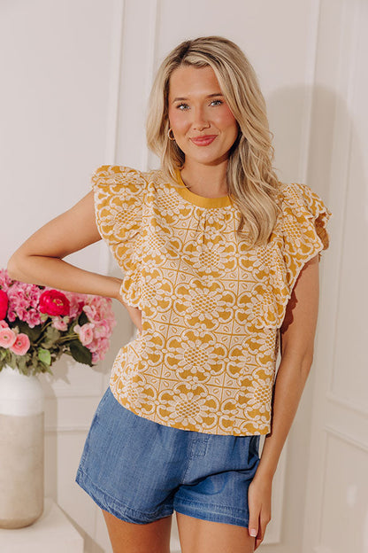 Positano Muse Floral Embroidered Top in Mustard