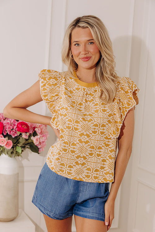 Positano Muse Floral Embroidered Top in Mustard
