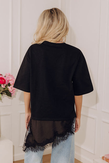 Times Square Chic Asymmetrical Lace Trim Top in Black