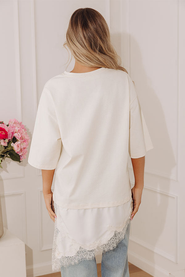 Times Square Chic Asymmetrical Lace Trim Top in French Vanilla