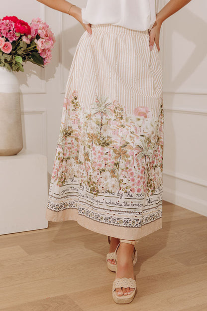 On The Riviera High Waist Eyelet Stripe Midi Skirt