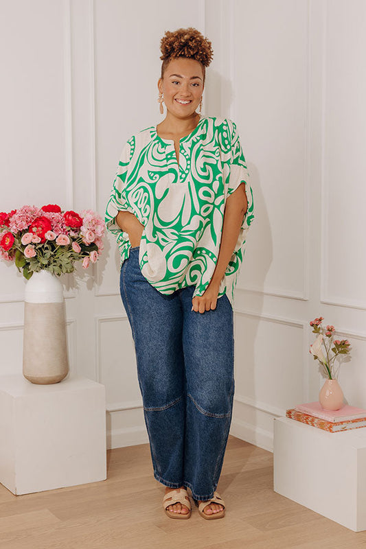 Vacay Mindset Oversized Dolman Top in Green Curves