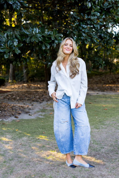 Good Luck Mid-Rise Barrel Jeans - Barnyard Blue FREE PEOPLE