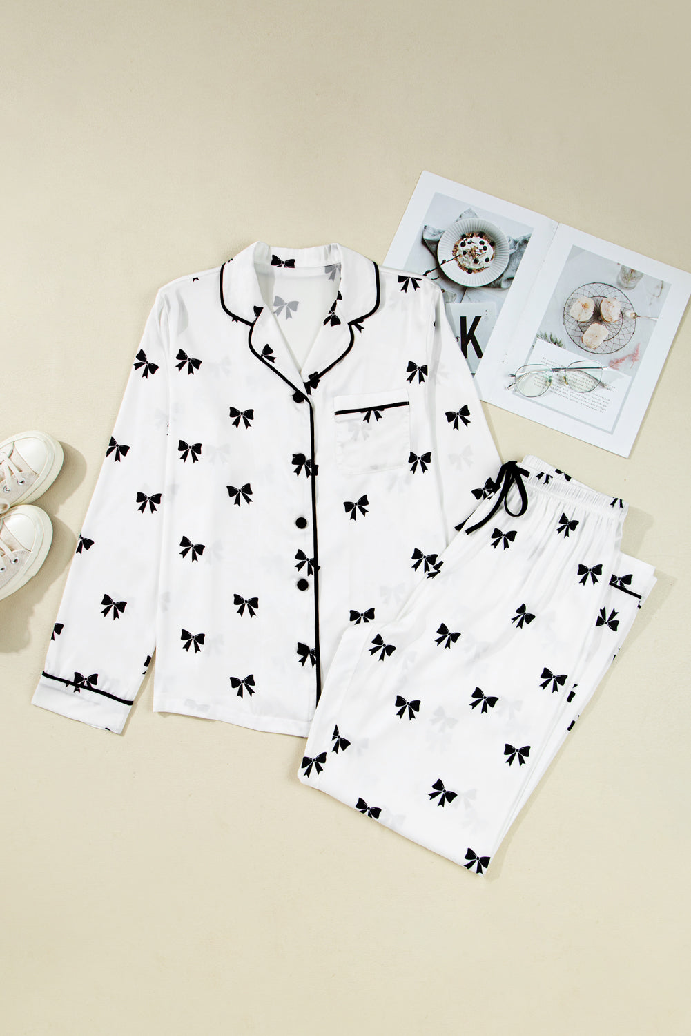 Black Bow Satin Pajama Set