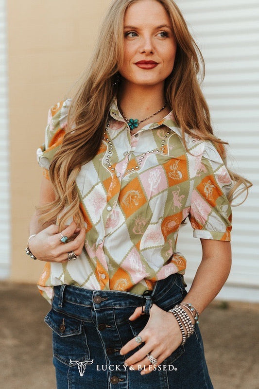 Checkered Western Puff Short Sleeve Studded Detail Pearl Snap Button Down Shirt