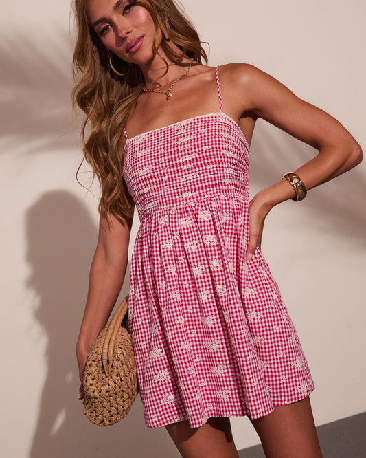 Coastal Air Eyelet Gingham Print Mini Dress