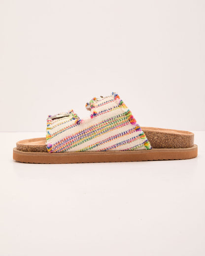 Brylee Textile Multi Color Stitch Buckle Sandals