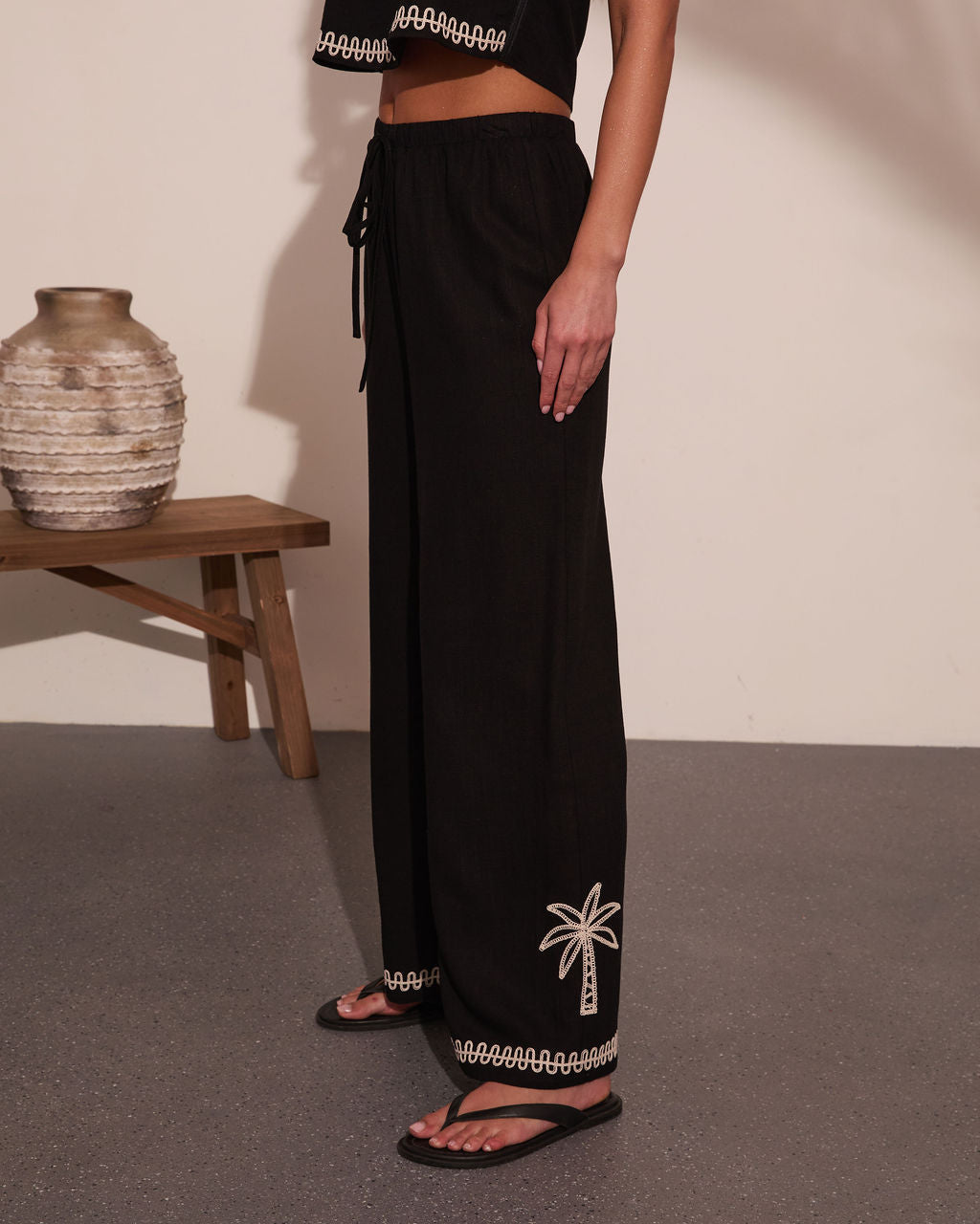 Cabana Coast Embroidered Palm Wide Leg Pants