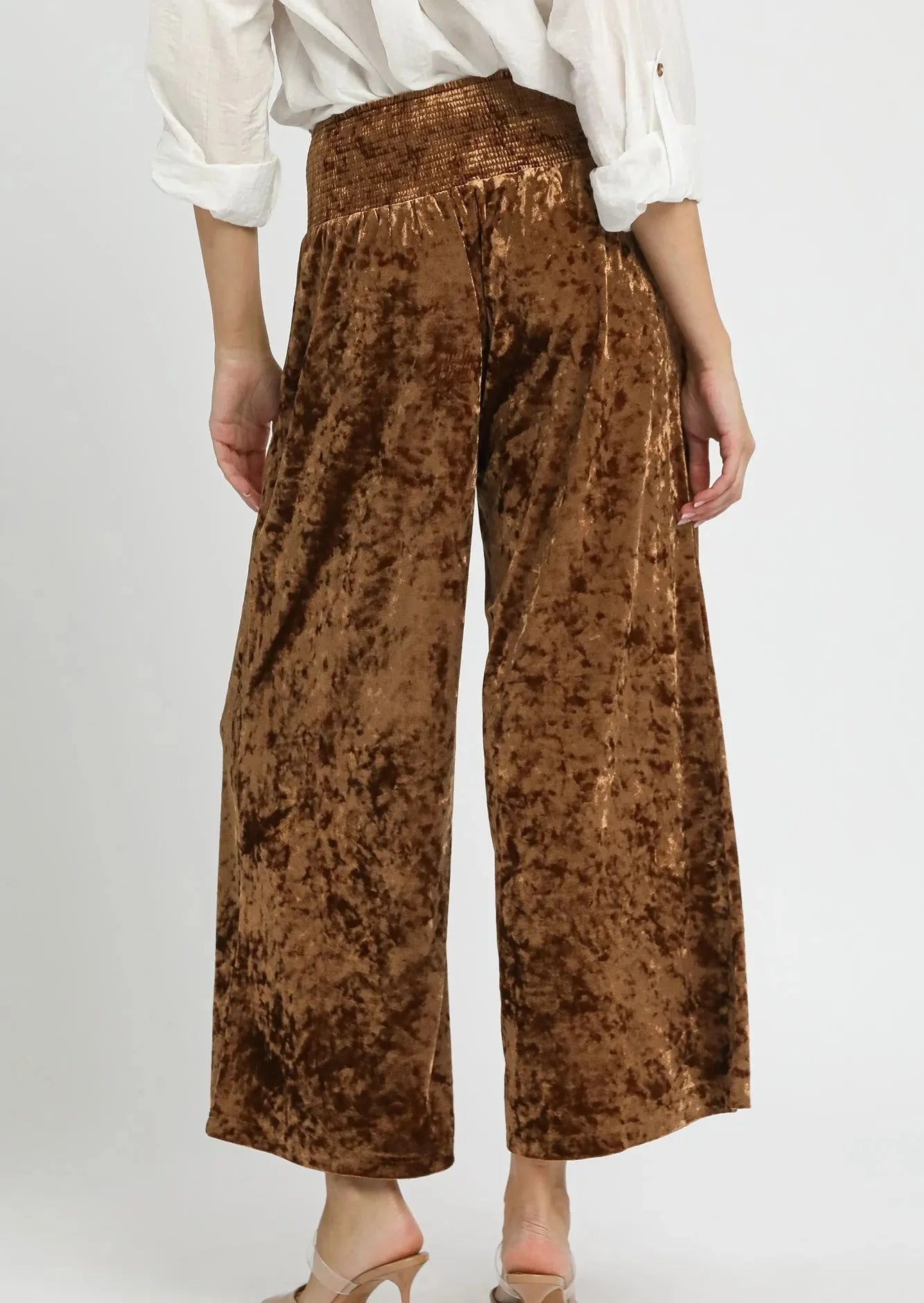 Umgee Velvet Smocked Waistband Wide Leg Pants
