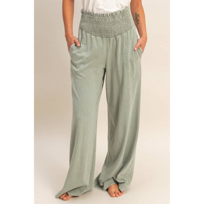 So Fetch Mineral Washed Wide-Leg Smocked Waist Pants | 6 Colors