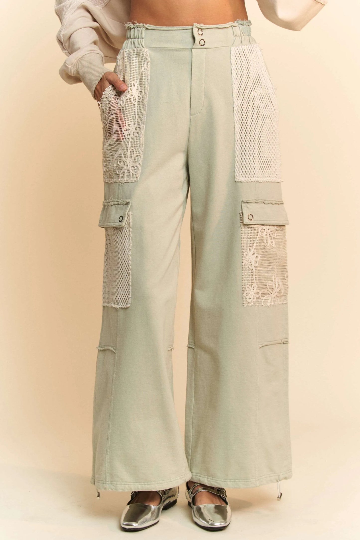 Davi & Dani Lace Patchwork Bottom Opening Adjustable Pants